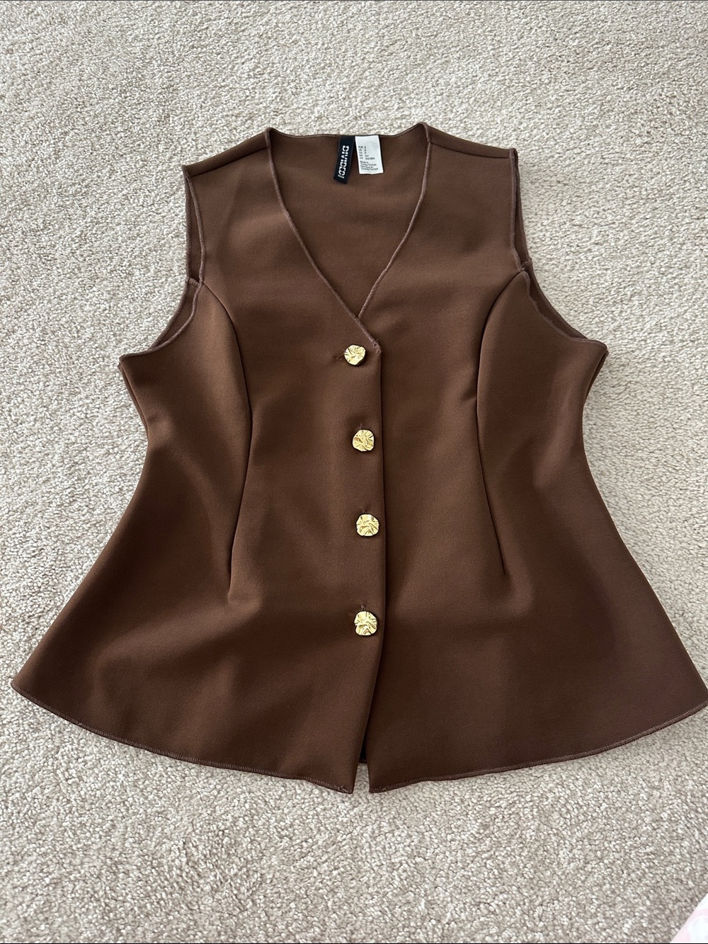 H&M Brown Sleeveless V-Neck Button Vest with Gold Buttons